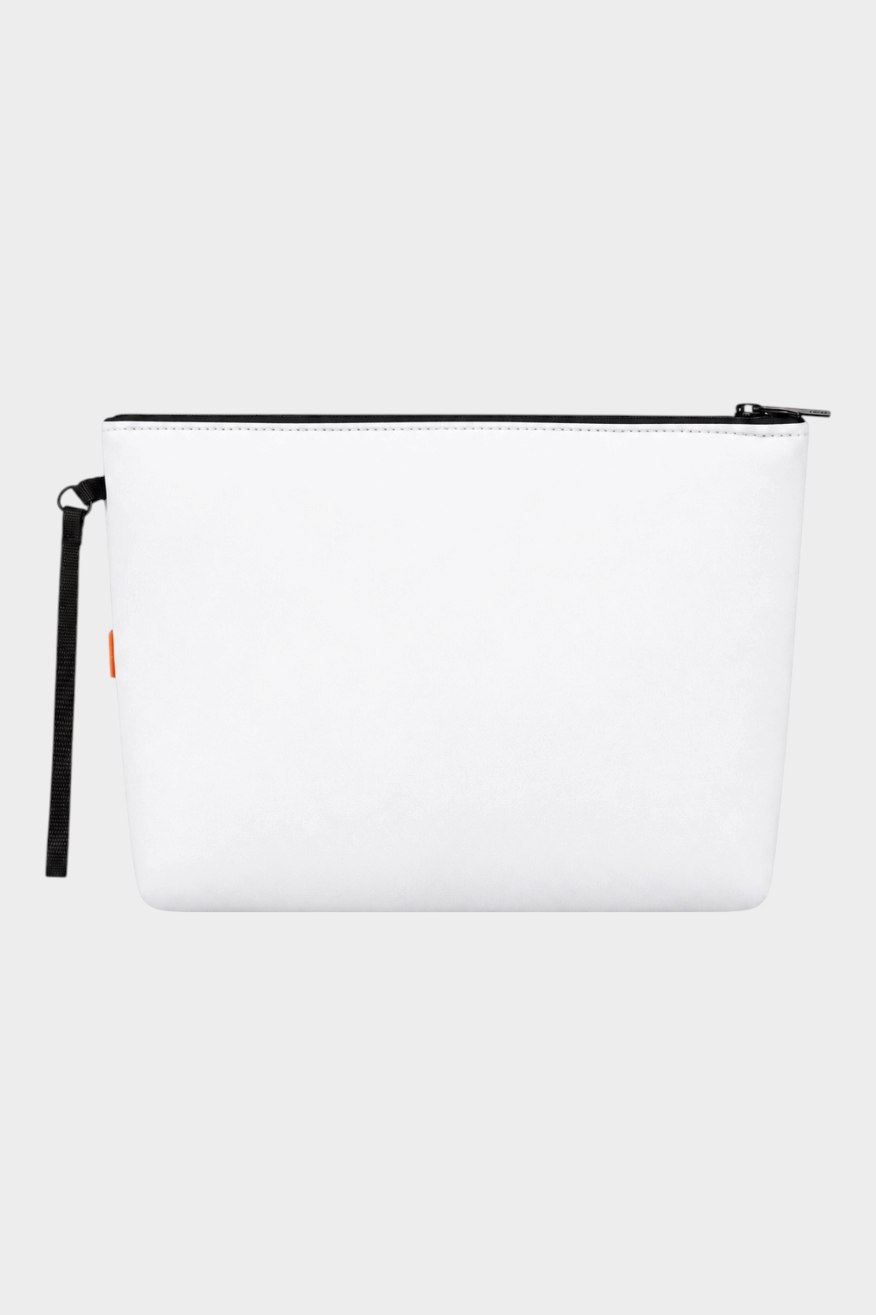 Pochette unisex bianca in neoprene SUNS BOARDS di Follower SRL con chiusura a zip nera e cinturino da polso