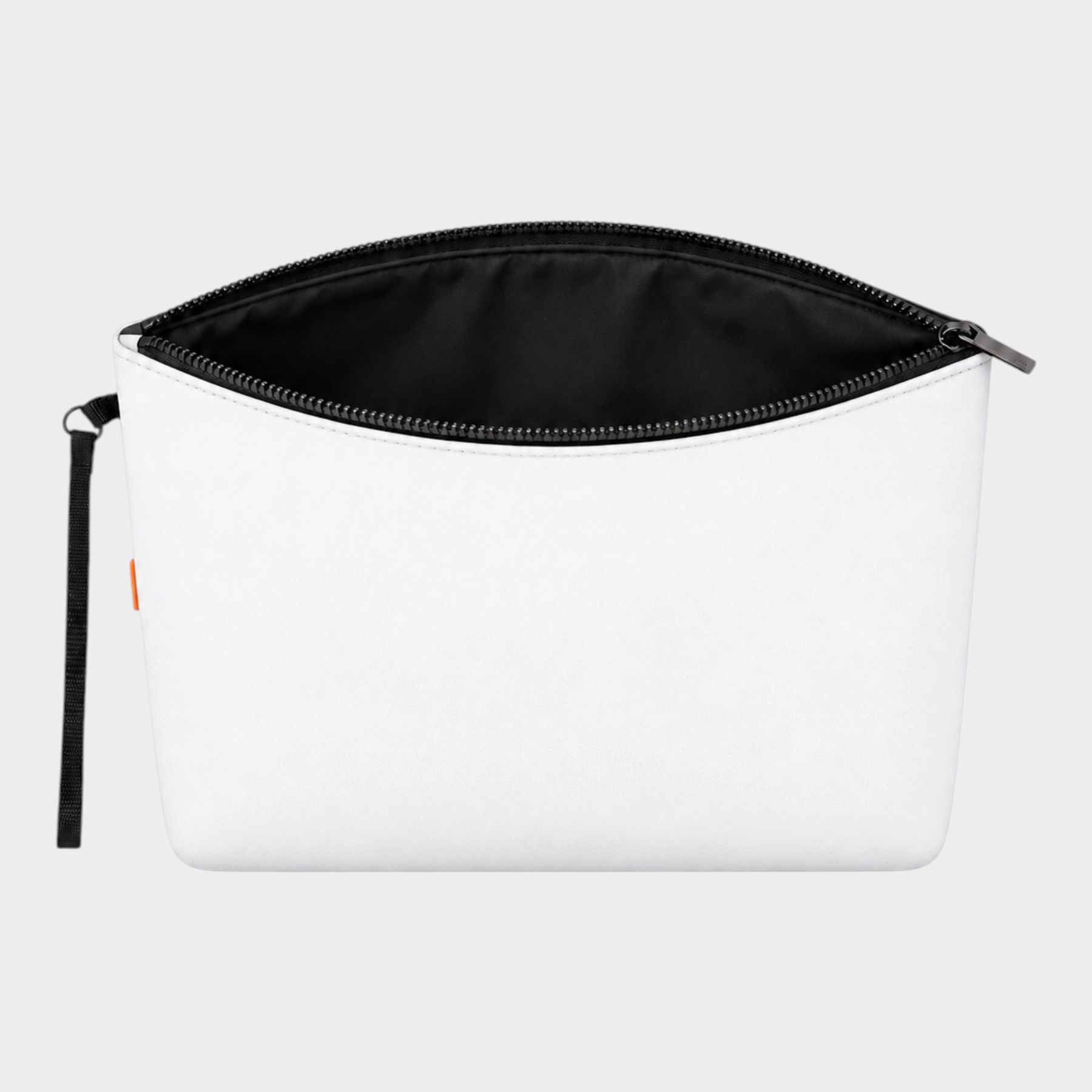 Pochette unisex Follower SRL in neoprene bianco con chiusura a zip nera e cinturino da polso