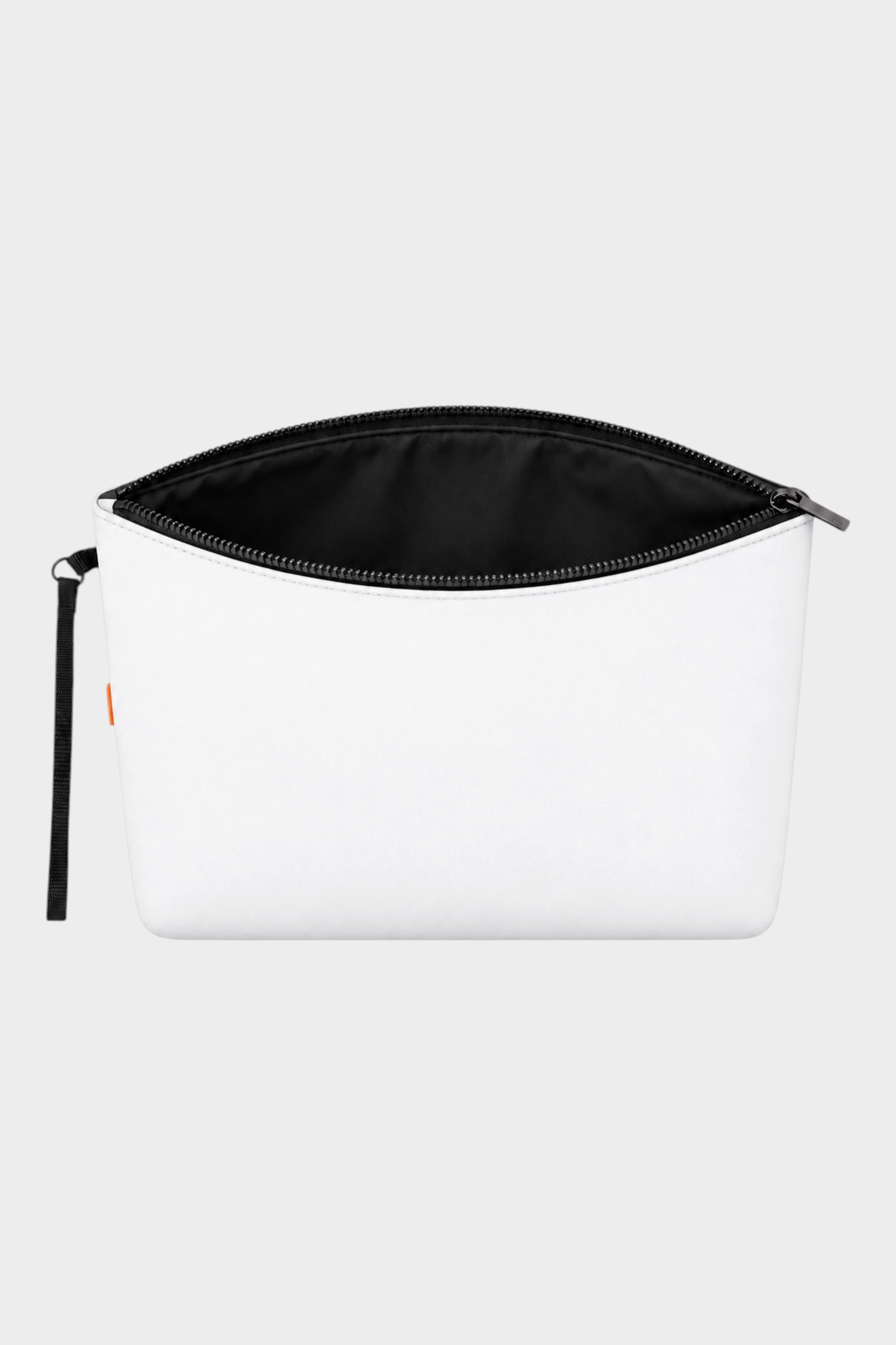 Pochette unisex Follower SRL in neoprene bianco con chiusura a zip nera e cinturino da polso