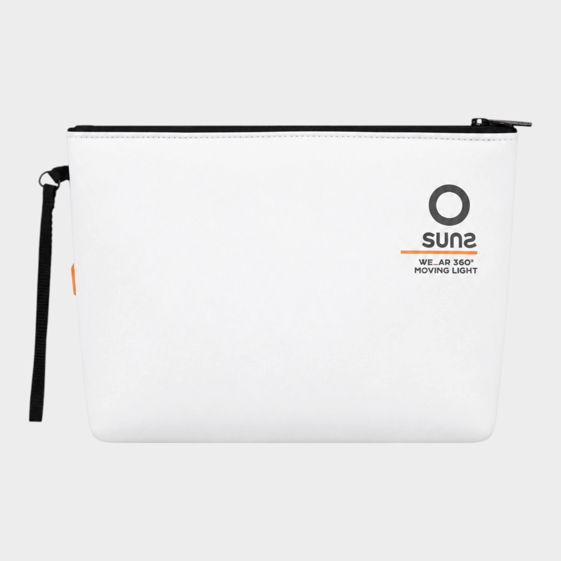 Pochette unisex bianca in neoprene SUNS BOARDS di Follower SRL con chiusura a zip e cinturino da polso nero