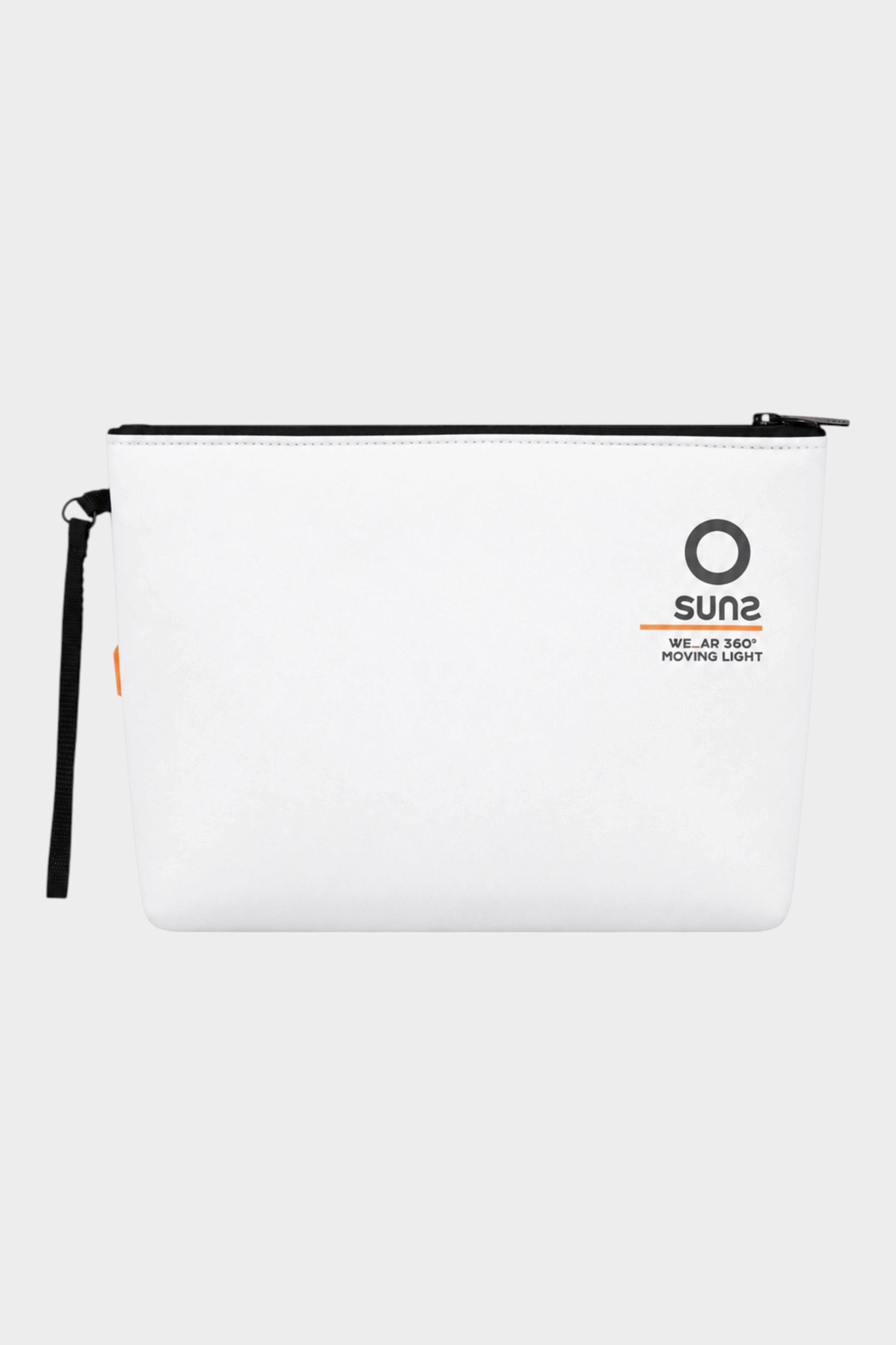 Pochette unisex bianca in neoprene SUNS BOARDS di Follower SRL con chiusura a zip e cinturino da polso nero