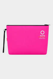 Pochette unisex Follower SRL in neoprene fucsia con logo SUNS BOARDS e cinturino da polso nero