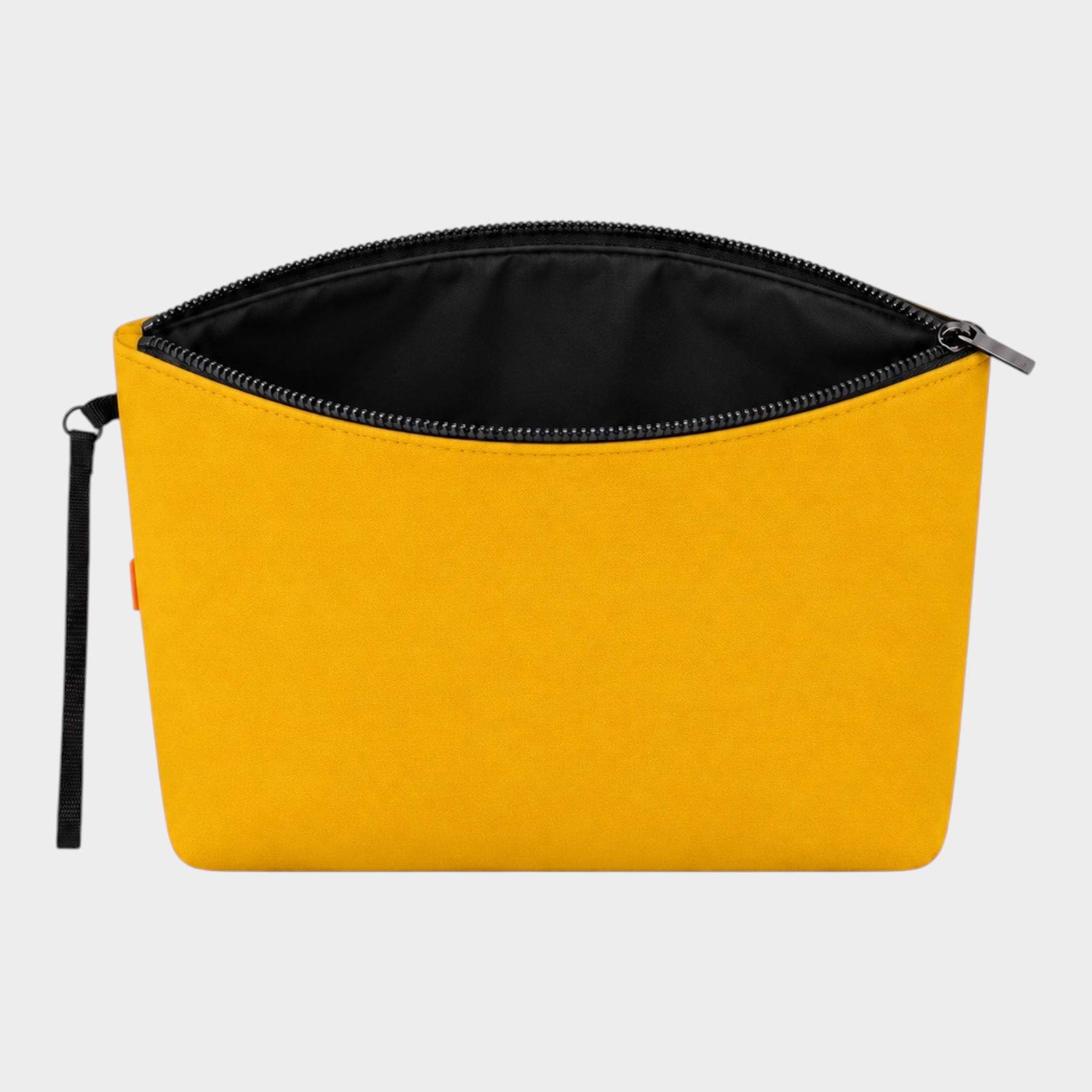 Pochette unisex Follower SRL in neoprene giallo con chiusura a zip nera e cinturino da polso, design minimalista.