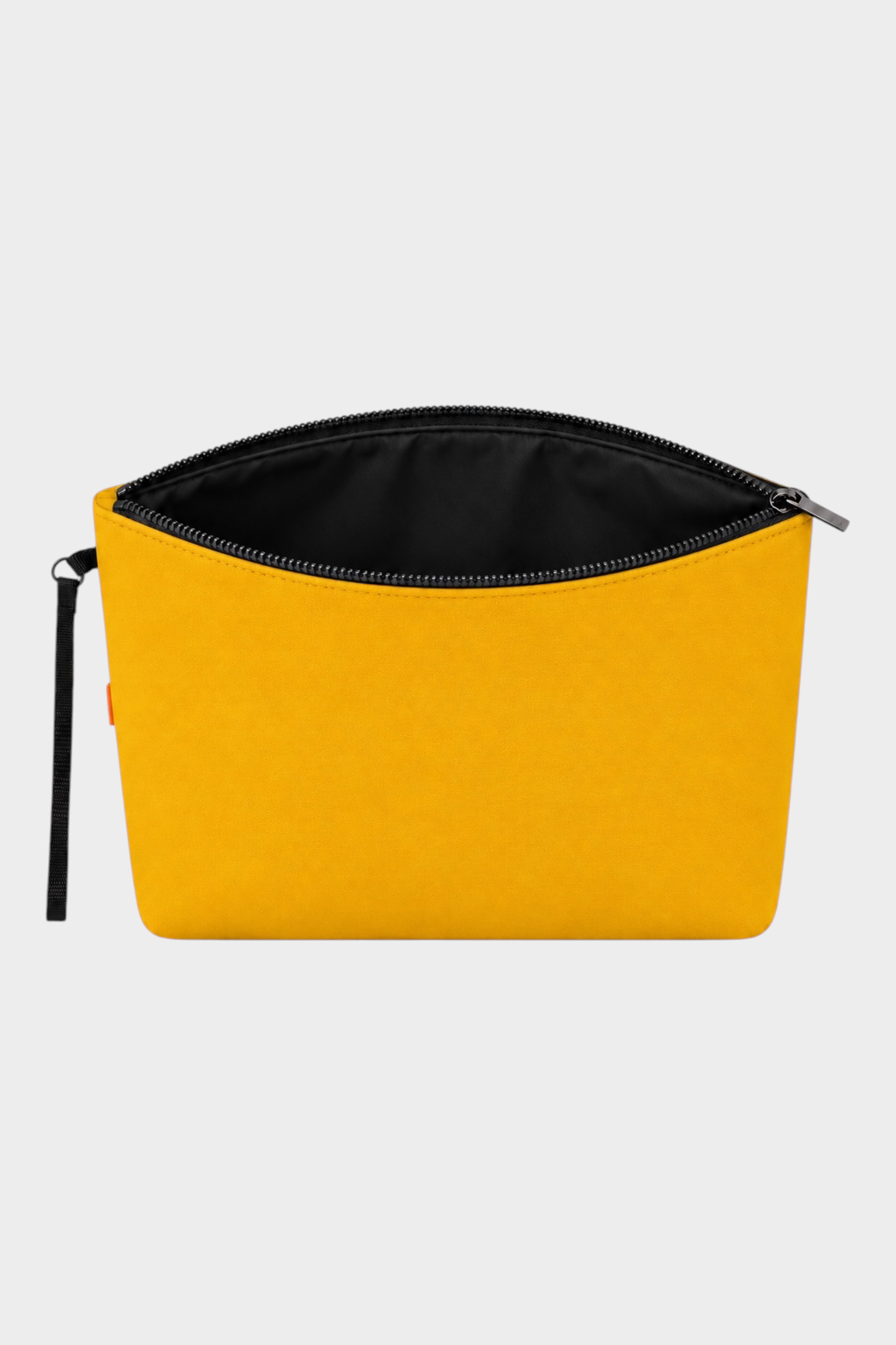Pochette unisex Follower SRL in neoprene giallo con chiusura a zip nera e cinturino da polso, design minimalista.