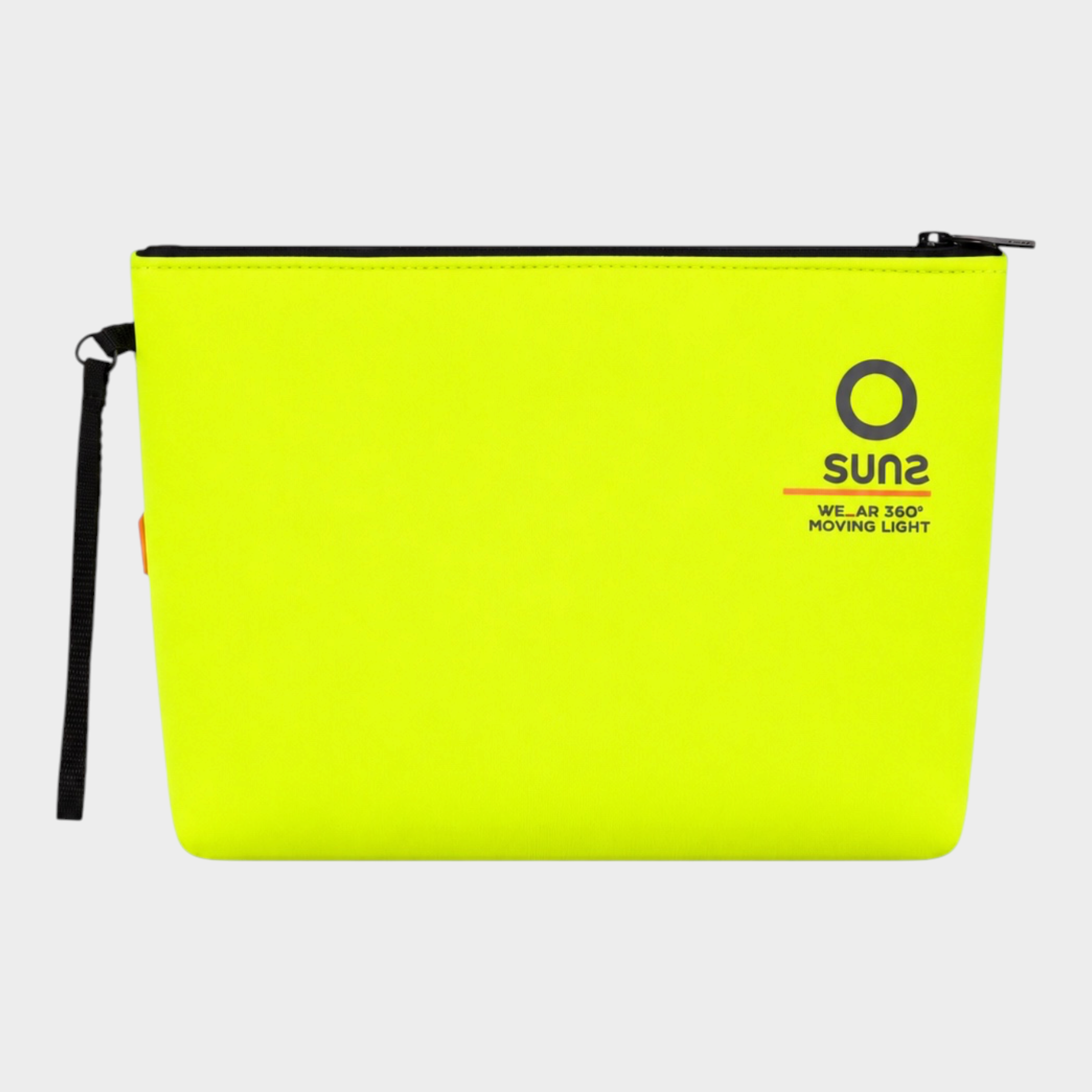 Pochette unisex Follower SRL in neoprene giallo fluo con logo SUNS BOARDS e cinturino da polso nero