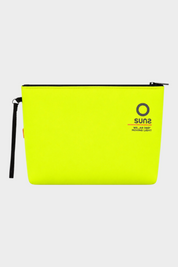 Pochette unisex Follower SRL in neoprene giallo fluo con logo SUNS BOARDS e cinturino da polso nero