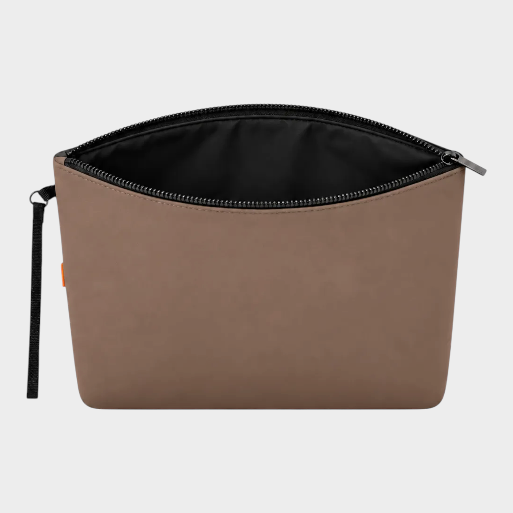 Pochette unisex Follower SRL in neoprene marrone con chiusura a zip e laccetto laterale, design minimalista.
