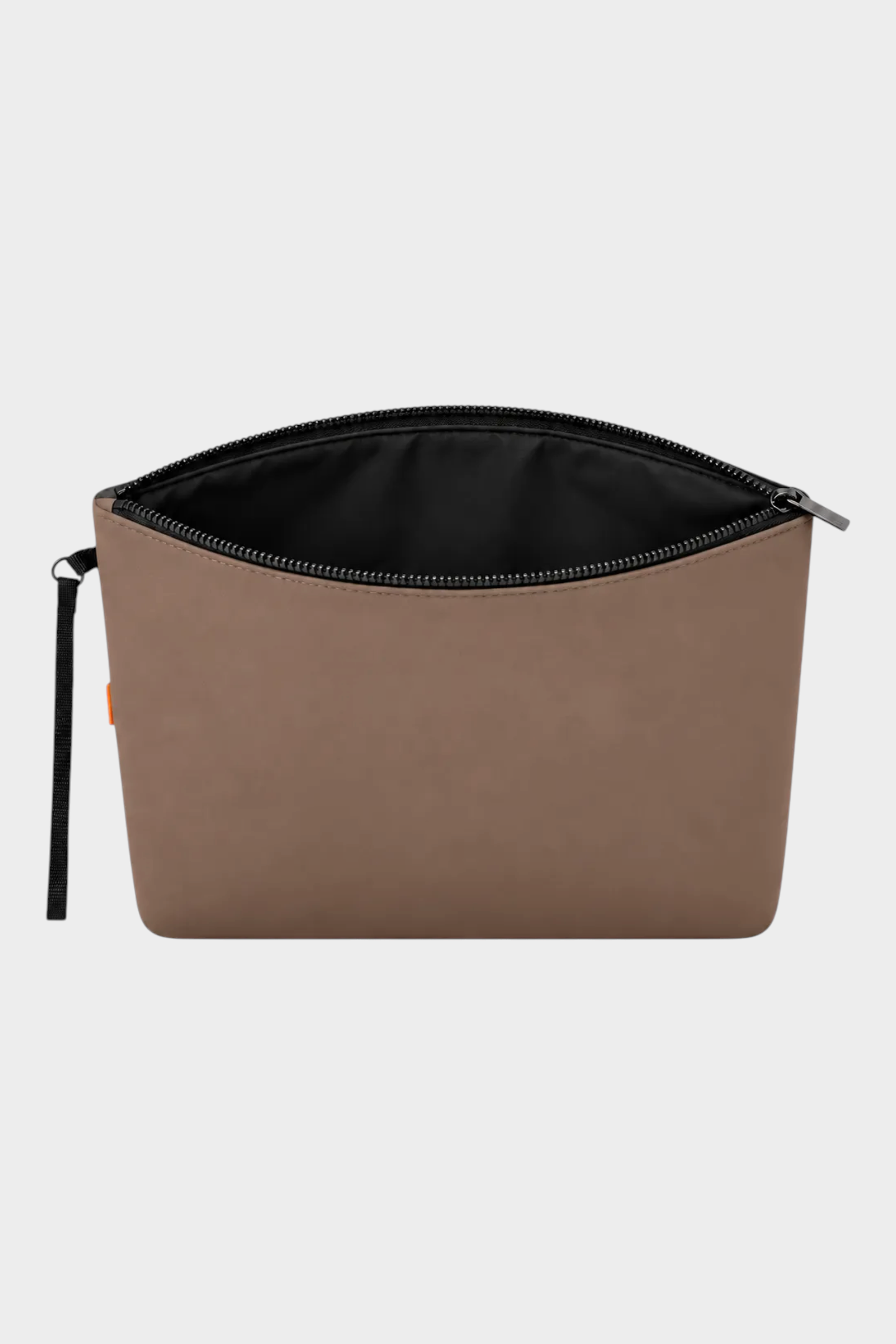 Pochette unisex Follower SRL in neoprene marrone con chiusura a zip e laccetto laterale, design minimalista.
