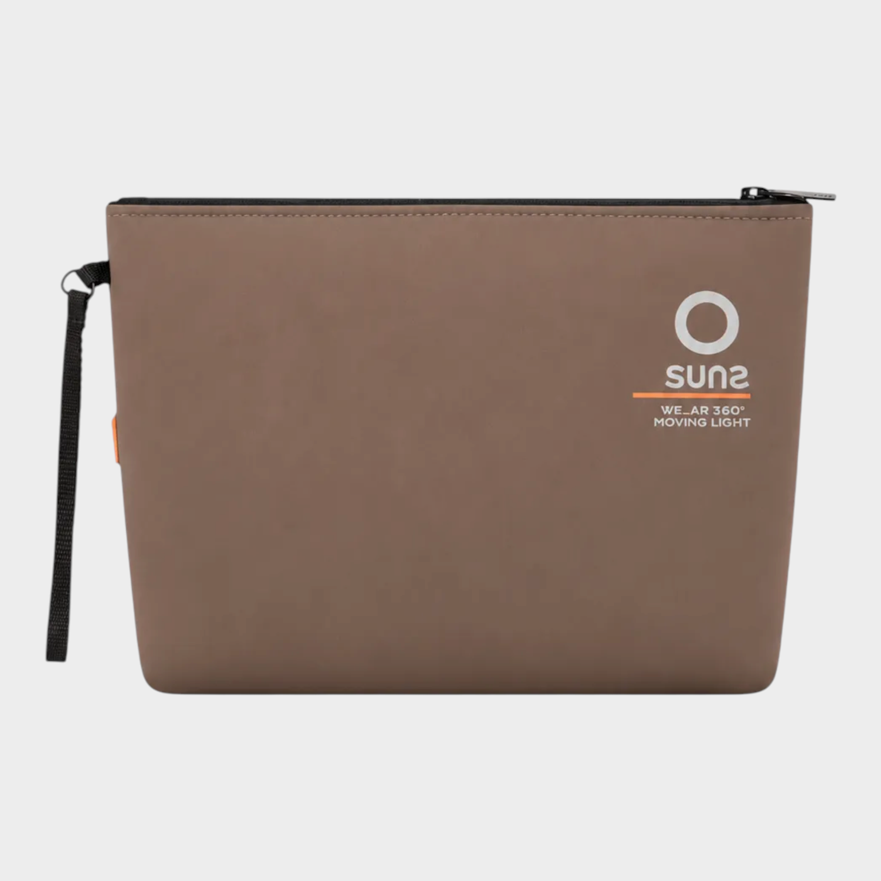 Pochette unisex Follower SRL in neoprene marrone con chiusura a zip e laccetto, logo SUNS BOARDS frontale
