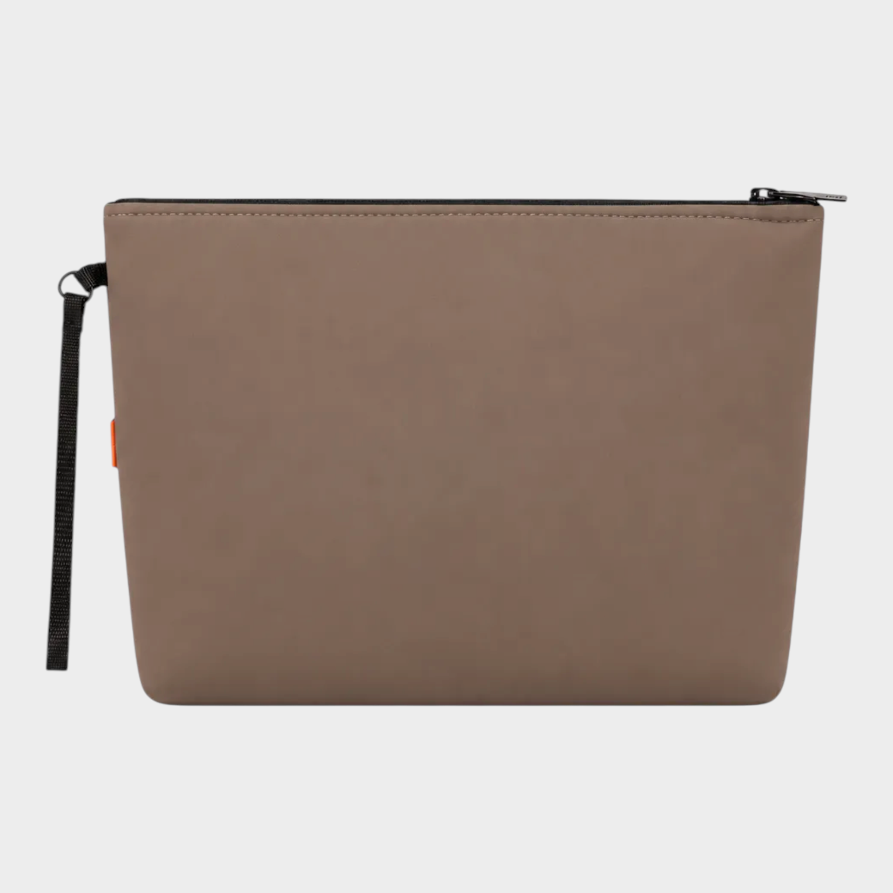 Pochette unisex Follower SRL in neoprene marrone con chiusura a zip e laccetto laterale, design minimalista.