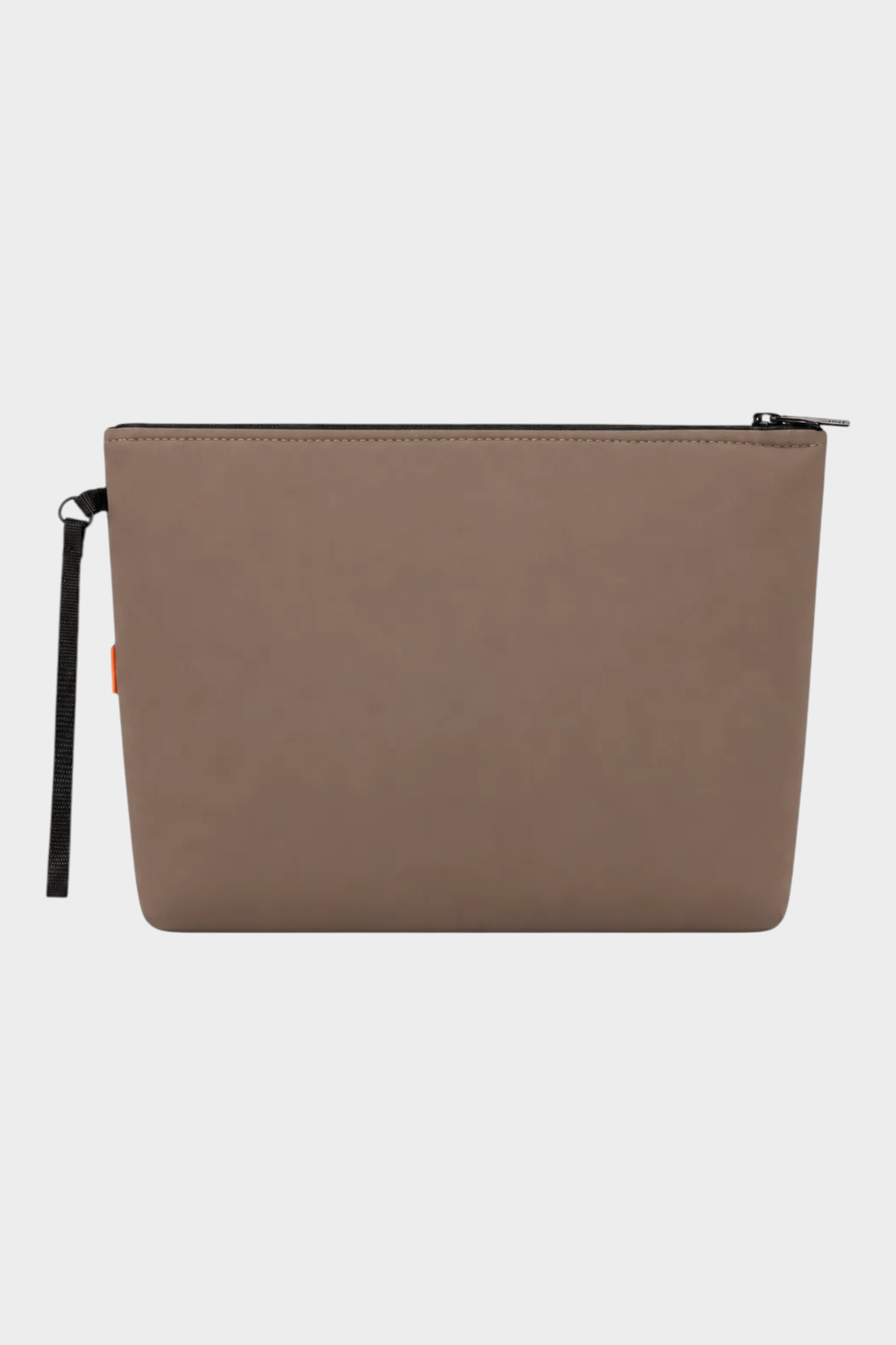 Pochette unisex Follower SRL in neoprene marrone con chiusura a zip e laccetto laterale, design minimalista.