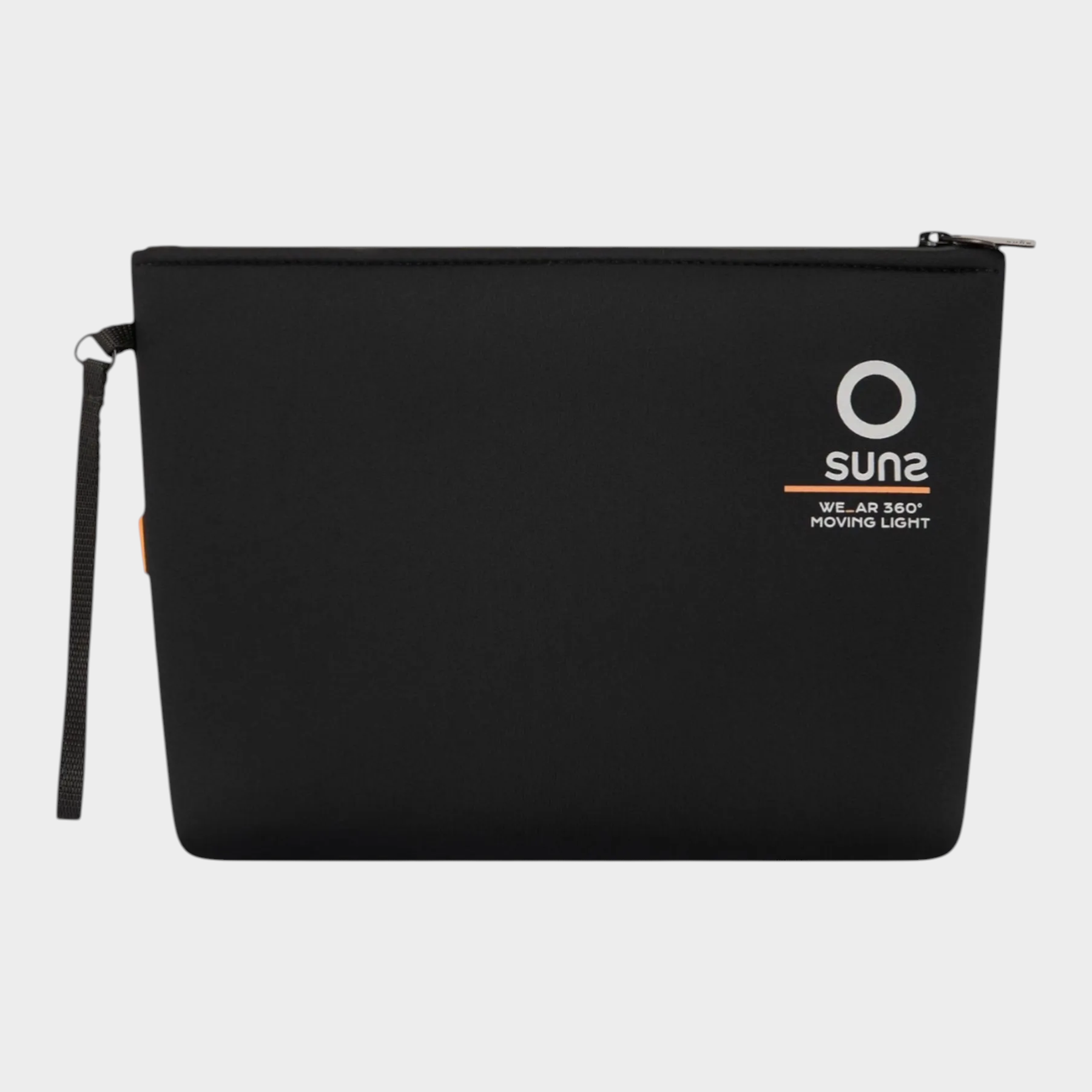 Pochette unisex nera in neoprene Follower SRL con logo SUNS BOARDS, chiusura a zip e cinturino da polso integrato
