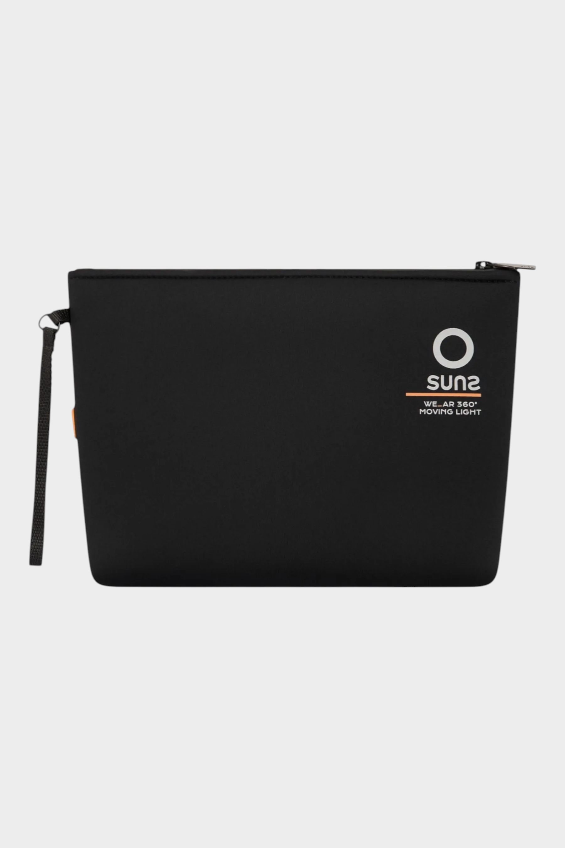 Pochette unisex nera in neoprene Follower SRL con logo SUNS BOARDS, chiusura a zip e cinturino da polso integrato