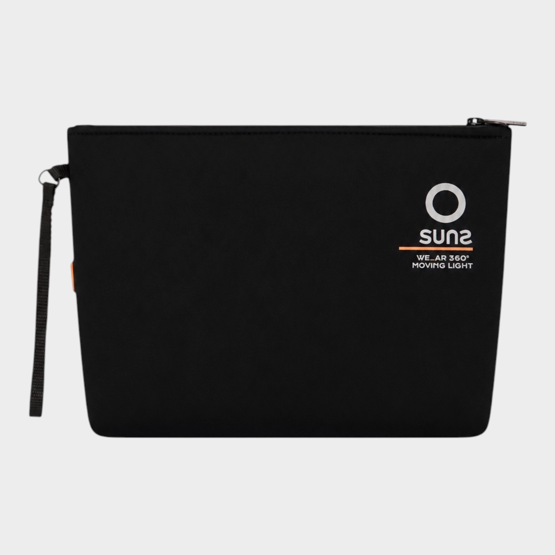 Pochette unisex Follower SRL in neoprene nero con logo SUNS BOARDS bianco e arancione e cinturino da polso