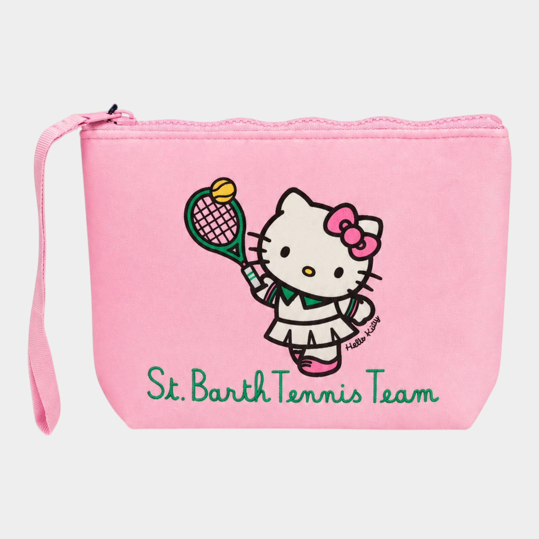 Pochette Follower SRL rosa con stampa Hello Kitty e scritta St. Barth Tennis Team, dotata di cinturino da polso.