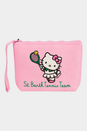 Pochette Follower SRL rosa con stampa Hello Kitty e scritta St. Barth Tennis Team, dotata di cinturino da polso.
