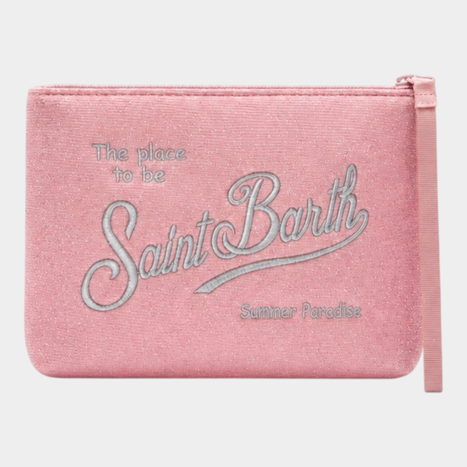 Pochette Follower SRL MC2 SAINT BARTH rosa con finitura lurex e logo ricamato argento, dimensioni 21x15,5x7 cm