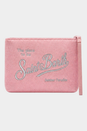 Pochette Follower SRL MC2 SAINT BARTH rosa con finitura lurex e logo ricamato argento, dimensioni 21x15,5x7 cm