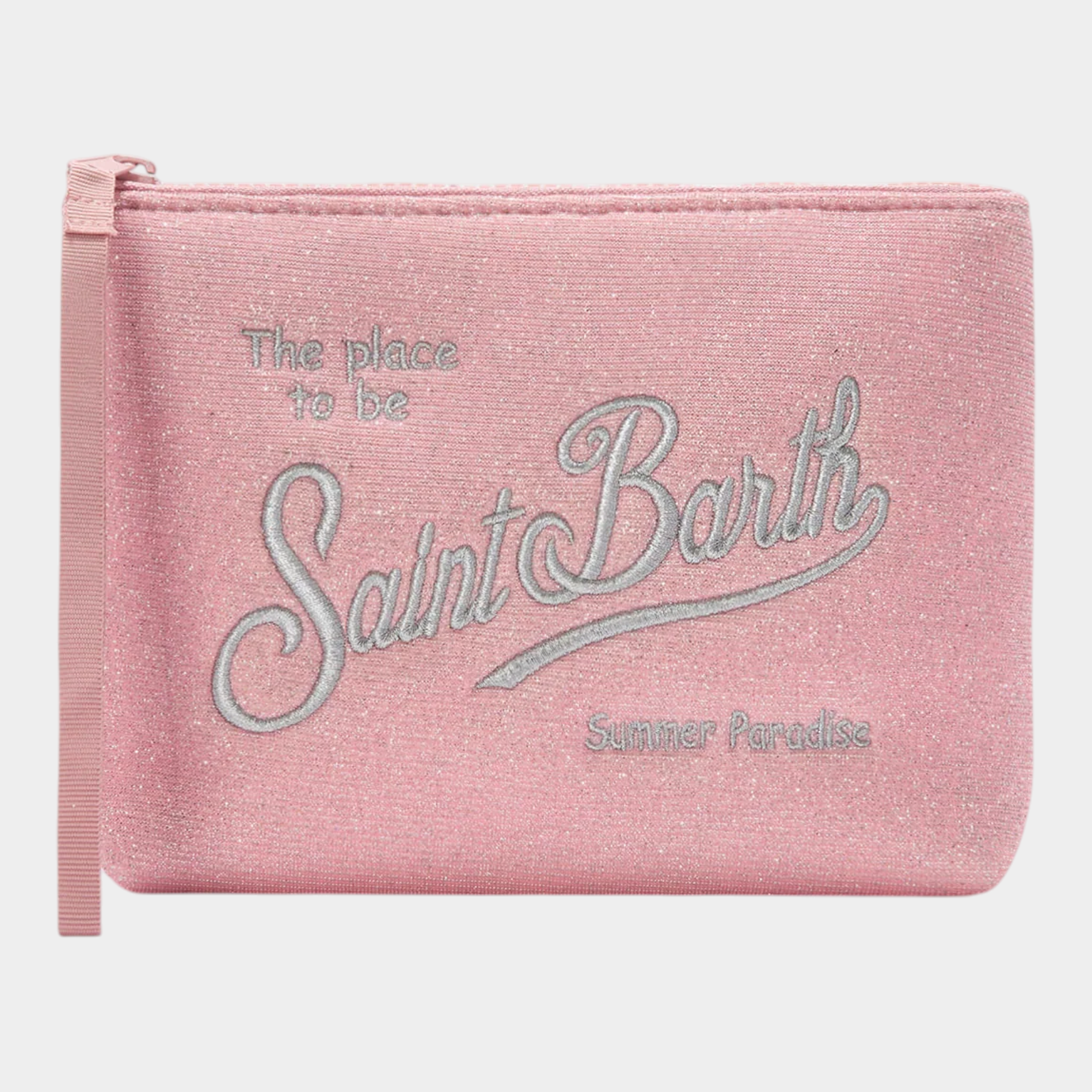 Pochette Follower SRL MC2 SAINT BARTH rosa in lurex con scritta ricamata e chiusura a zip