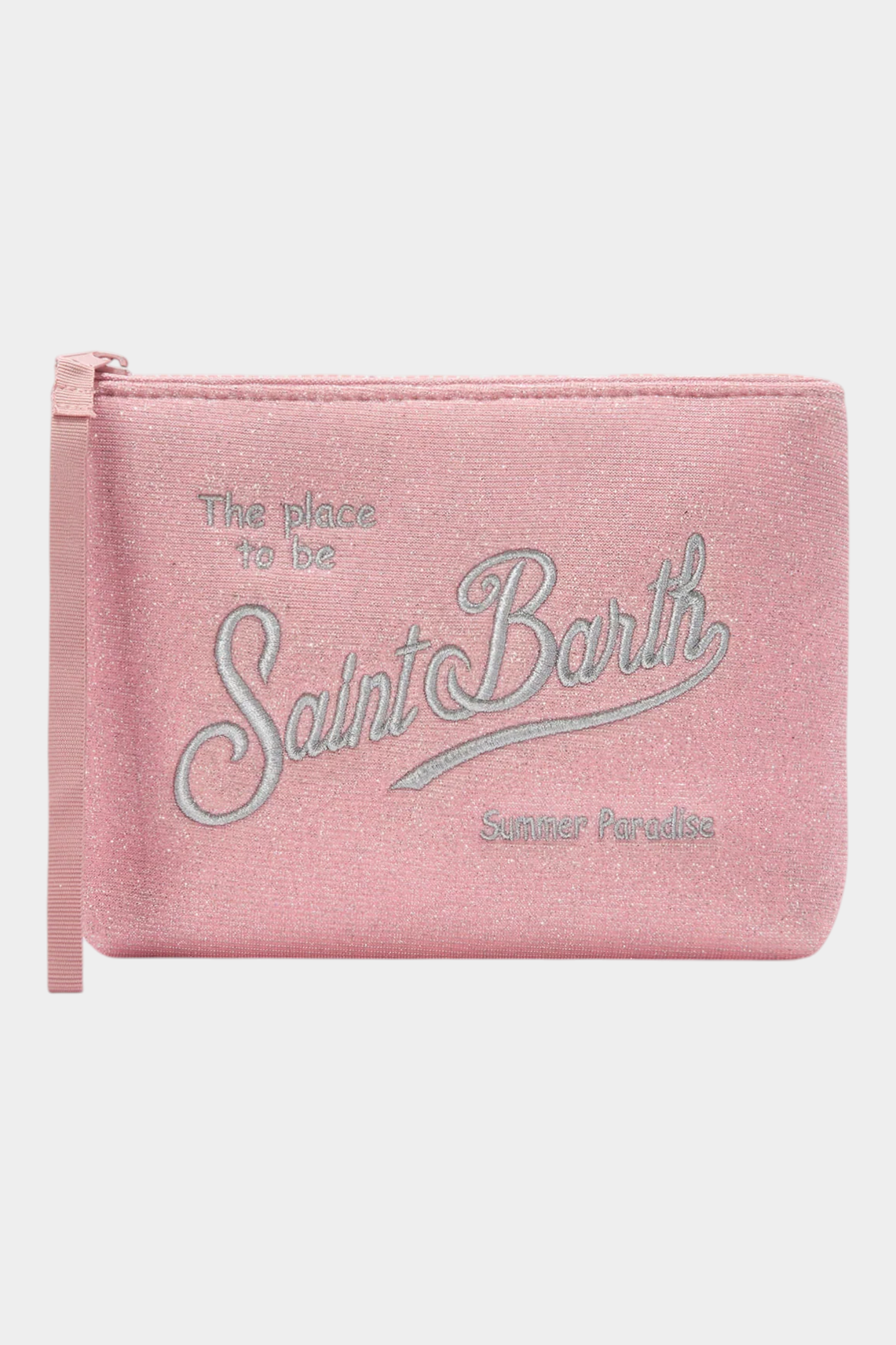 Pochette Follower SRL MC2 SAINT BARTH rosa in lurex con scritta ricamata e chiusura a zip