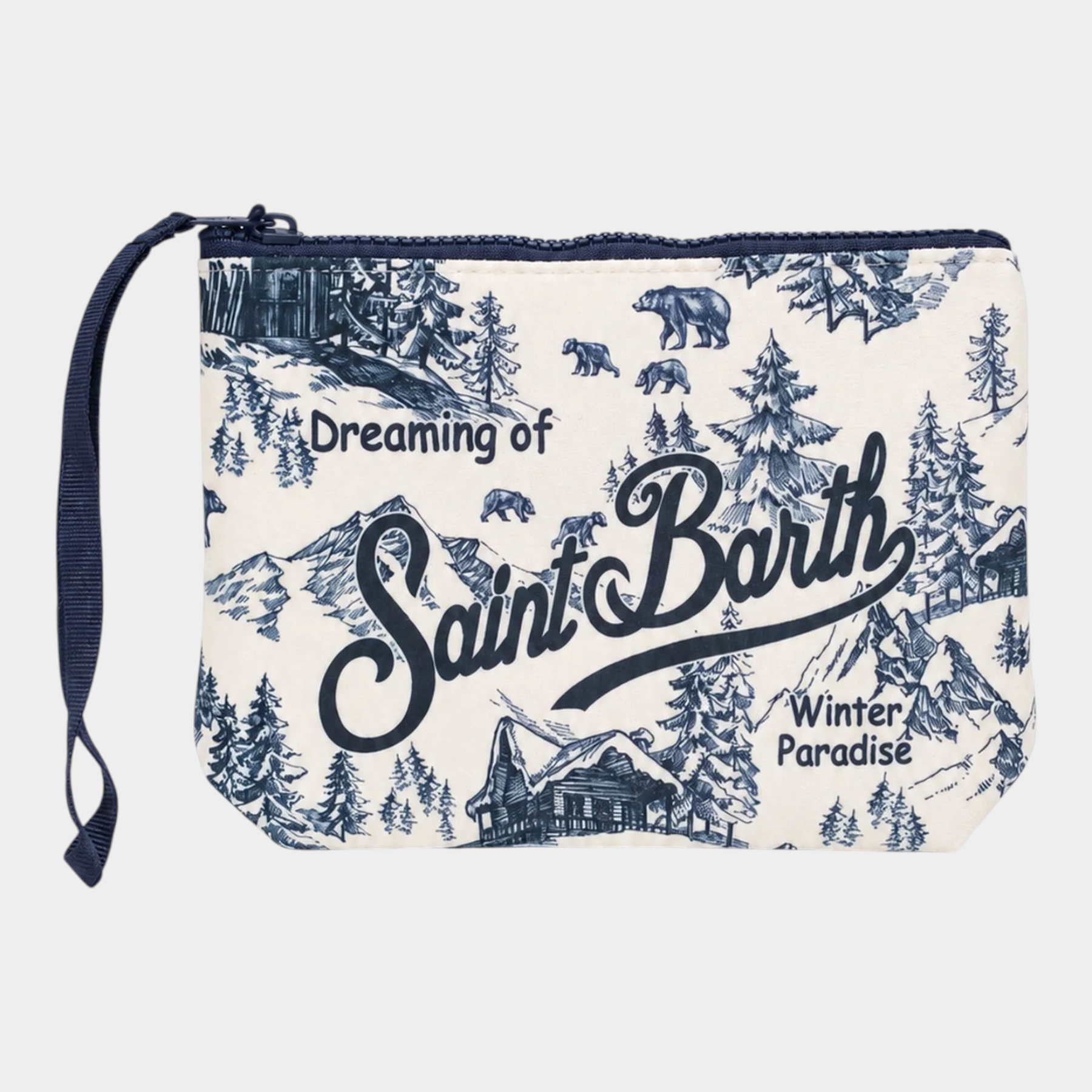 Pochette Follower SRL modello Aline in tessuto scuba blu con stampa paesaggio invernale e scritta Saint Barth