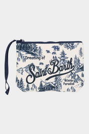 Pochette Follower SRL modello Aline in tessuto scuba blu con stampa paesaggio invernale e scritta Saint Barth
