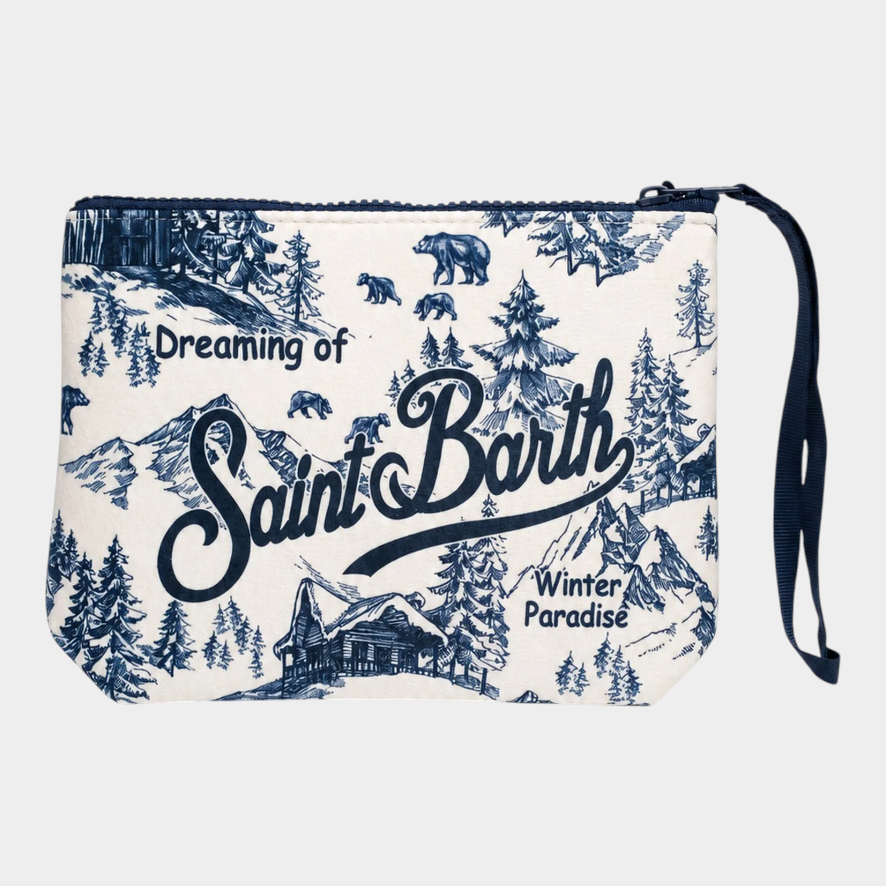 Pochette Follower SRL Aline in scuba blu con stampa paesaggio invernale e logo Saint Barth