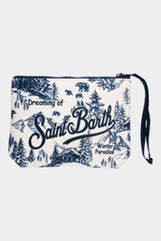 Pochette Follower SRL Aline in scuba blu con stampa paesaggio invernale e logo Saint Barth