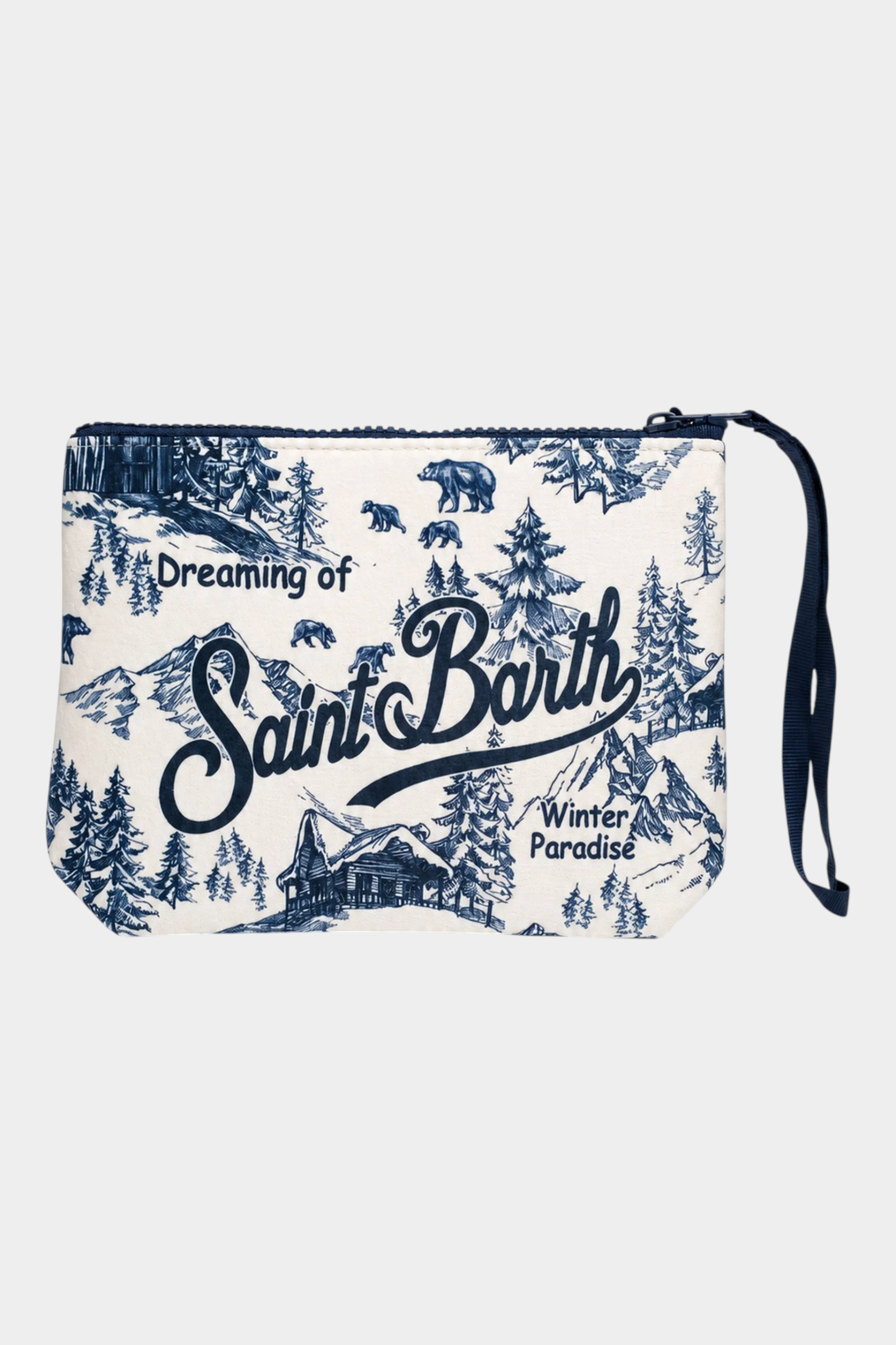 Pochette Follower SRL Aline in scuba blu con stampa paesaggio invernale e logo Saint Barth
