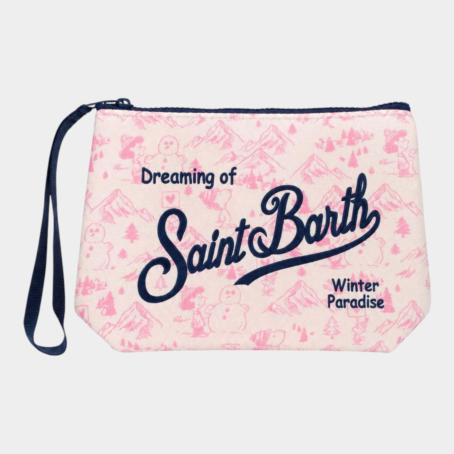 Pochette Follower SRL Aline in tessuto scuba rosa con stampa invernale e scritta Saint Barth blu