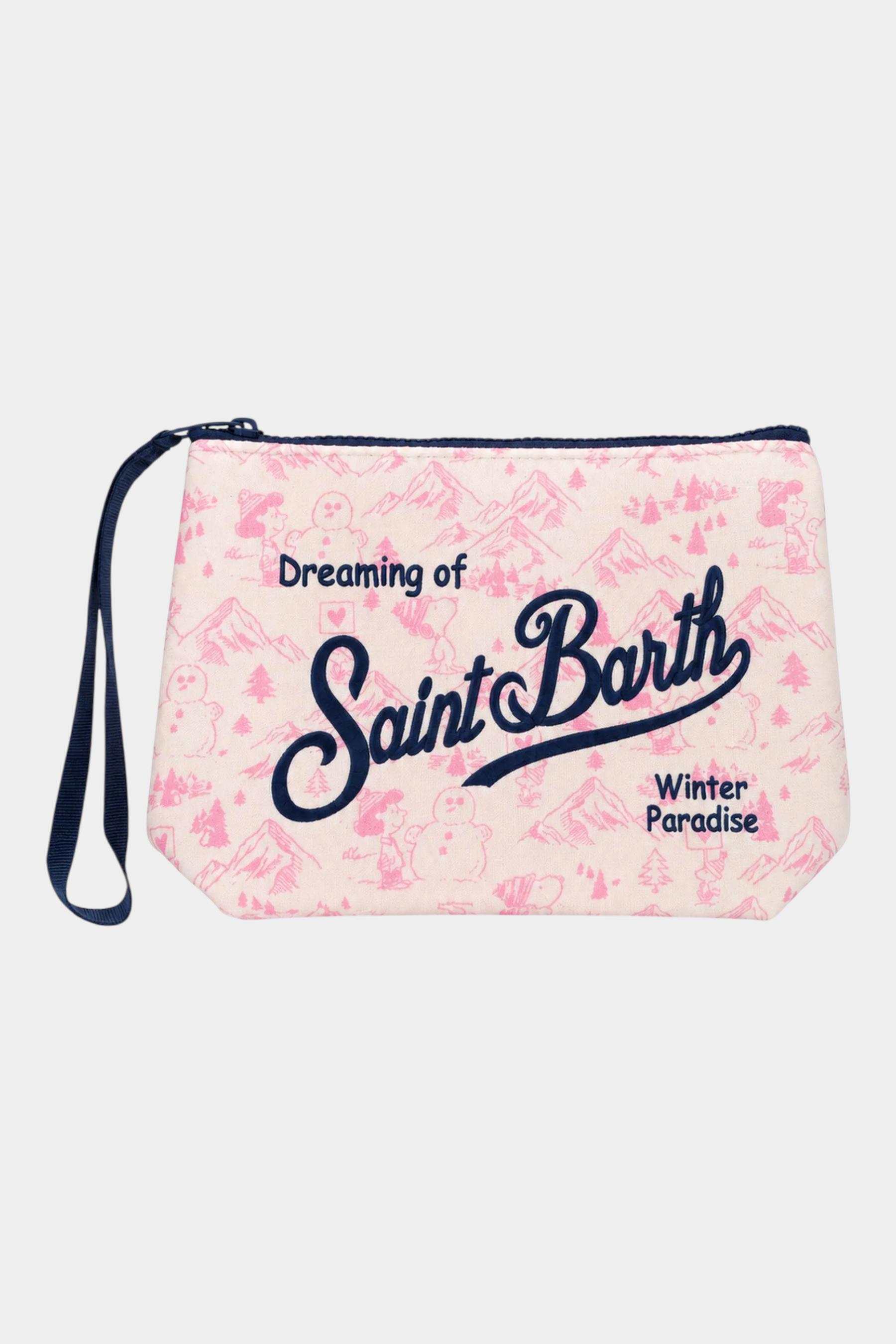 Pochette Follower SRL Aline in tessuto scuba rosa con stampa invernale e scritta Saint Barth blu