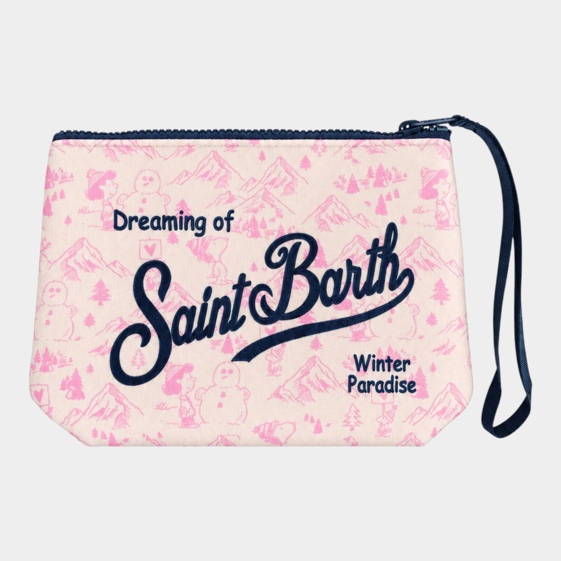 Pochette Follower SRL Aline in tessuto scuba rosa con stampa invernale Saint Barth e cinturino da polso blu