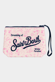 Pochette Follower SRL Aline in tessuto scuba rosa con stampa invernale Saint Barth e cinturino da polso blu