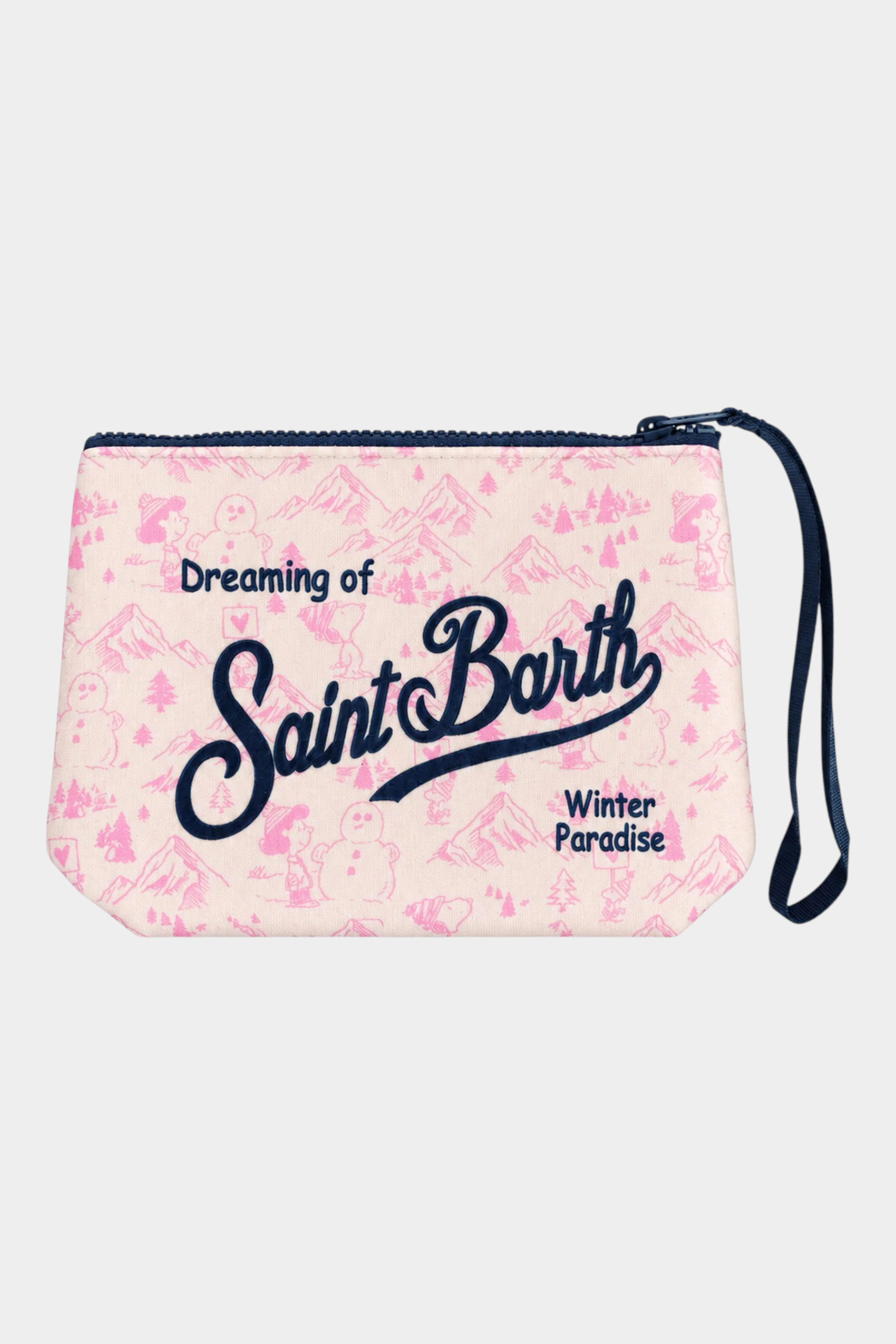 Pochette Follower SRL Aline in tessuto scuba rosa con stampa invernale Saint Barth e cinturino da polso blu