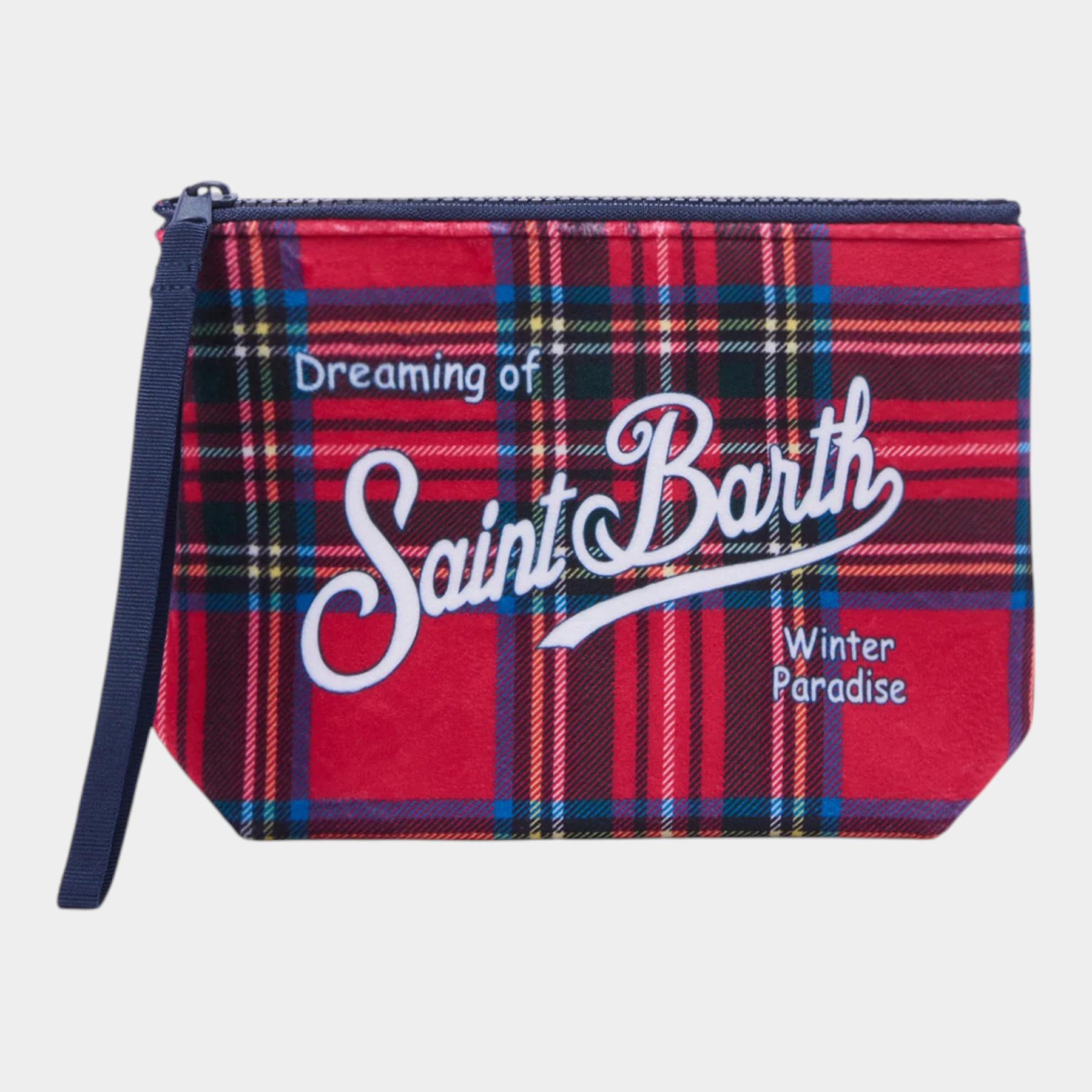 Pochette Follower SRL Aline rossa con stampa tartan e logo bianco Saint Barth, dotata di pratica chiusura a zip