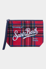 Pochette Follower SRL Aline rossa con stampa tartan e logo bianco Saint Barth, dotata di pratica chiusura a zip