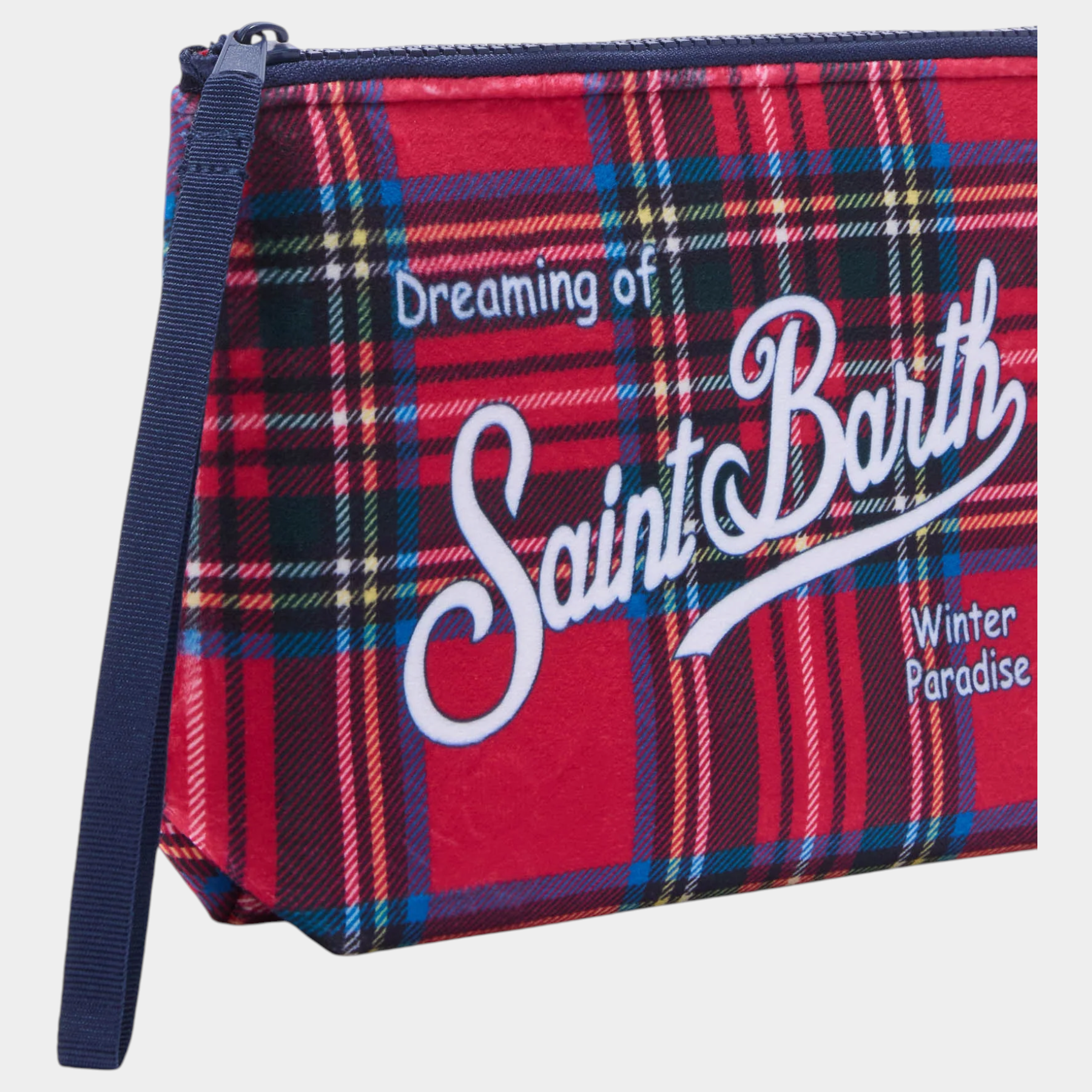 Pochette Follower SRL Aline rossa con stampa tartan e logo bianco Saint Barth, chiusura con zip e cinturino blu