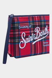 Pochette Follower SRL Aline rossa con stampa tartan e logo bianco Saint Barth, chiusura con zip e cinturino blu