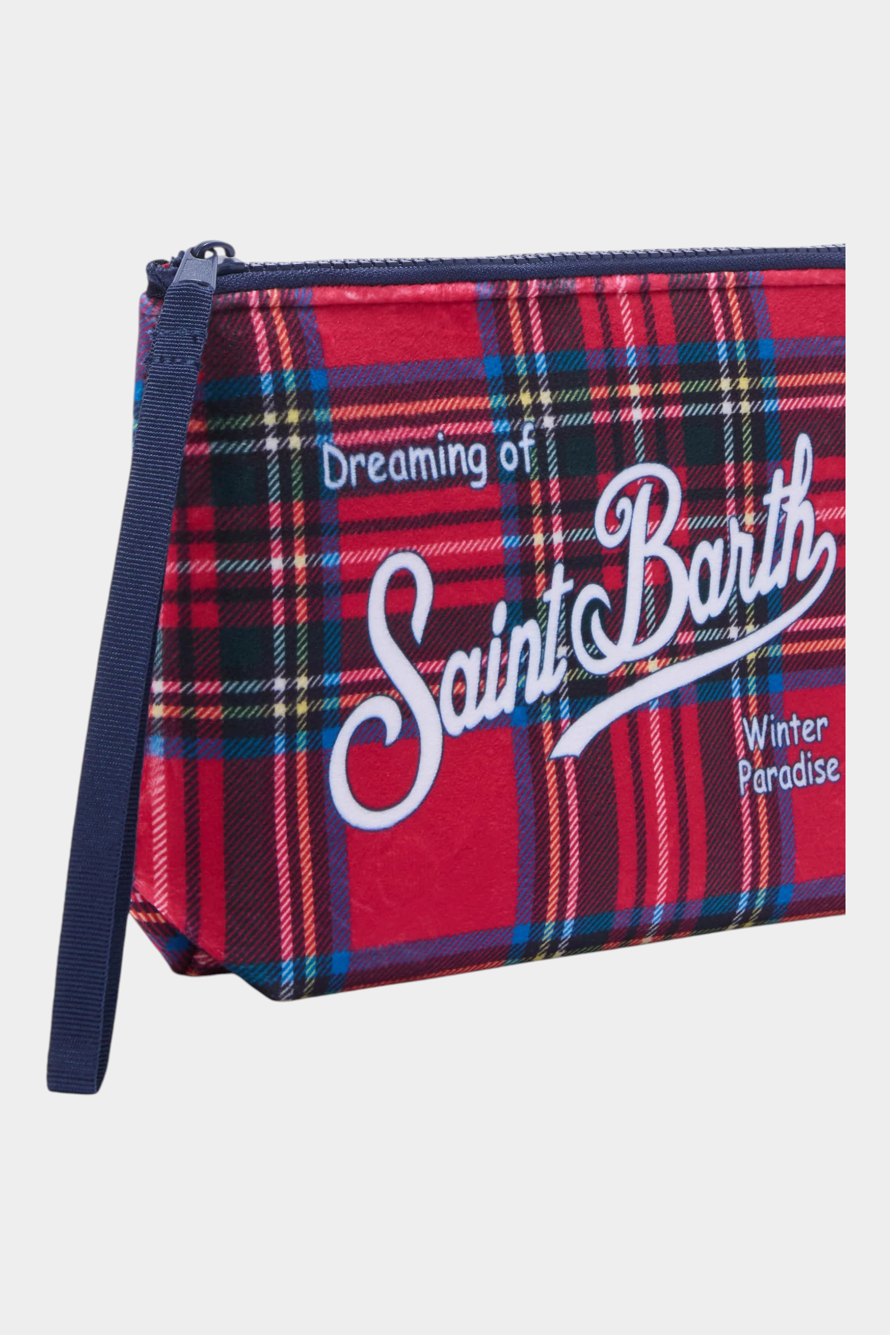 Pochette Follower SRL Aline rossa con stampa tartan e logo bianco Saint Barth, chiusura con zip e cinturino blu