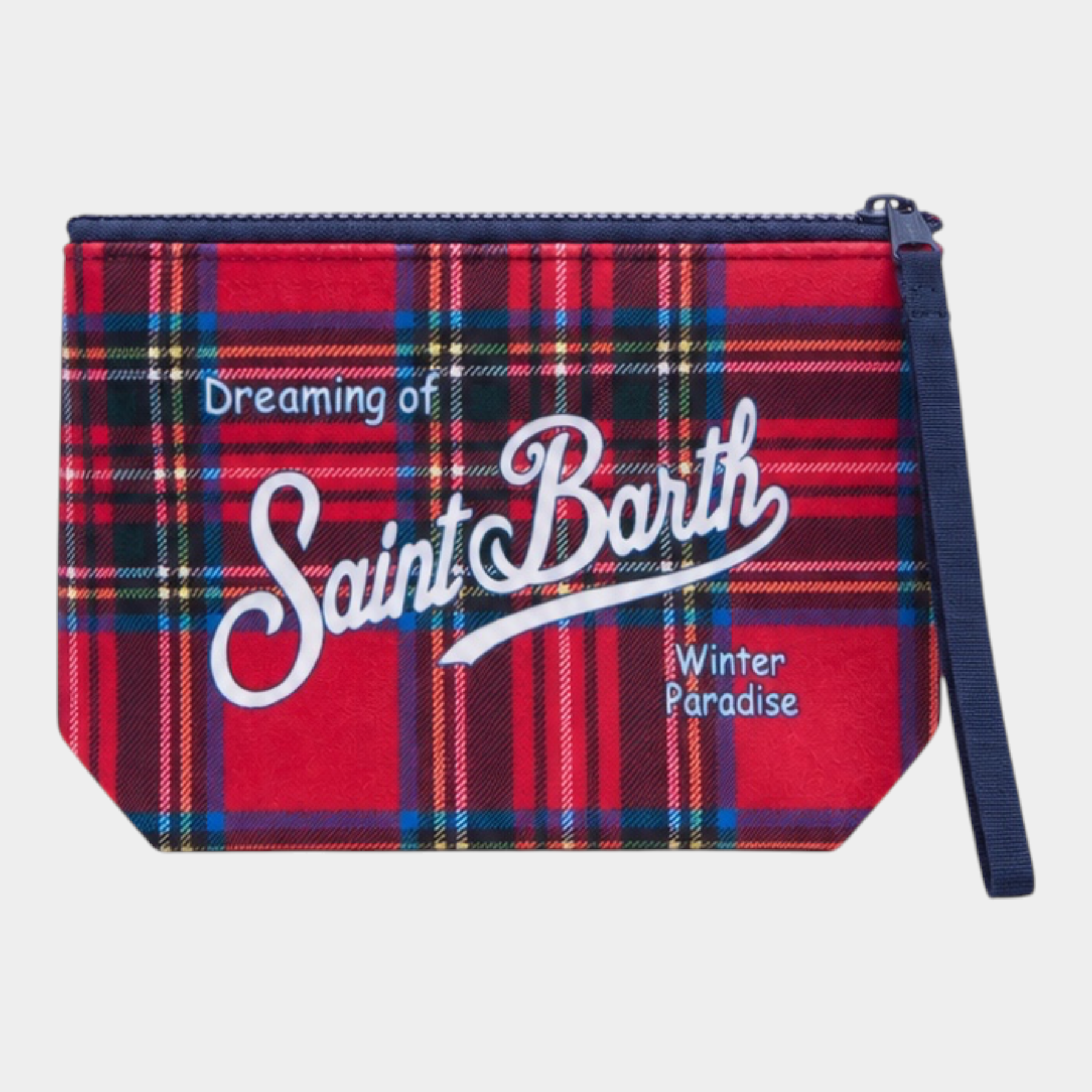 Pochette Follower SRL Aline rossa con stampa tartan e logo Saint Barth bianco, dotata di cinturino da polso blu.