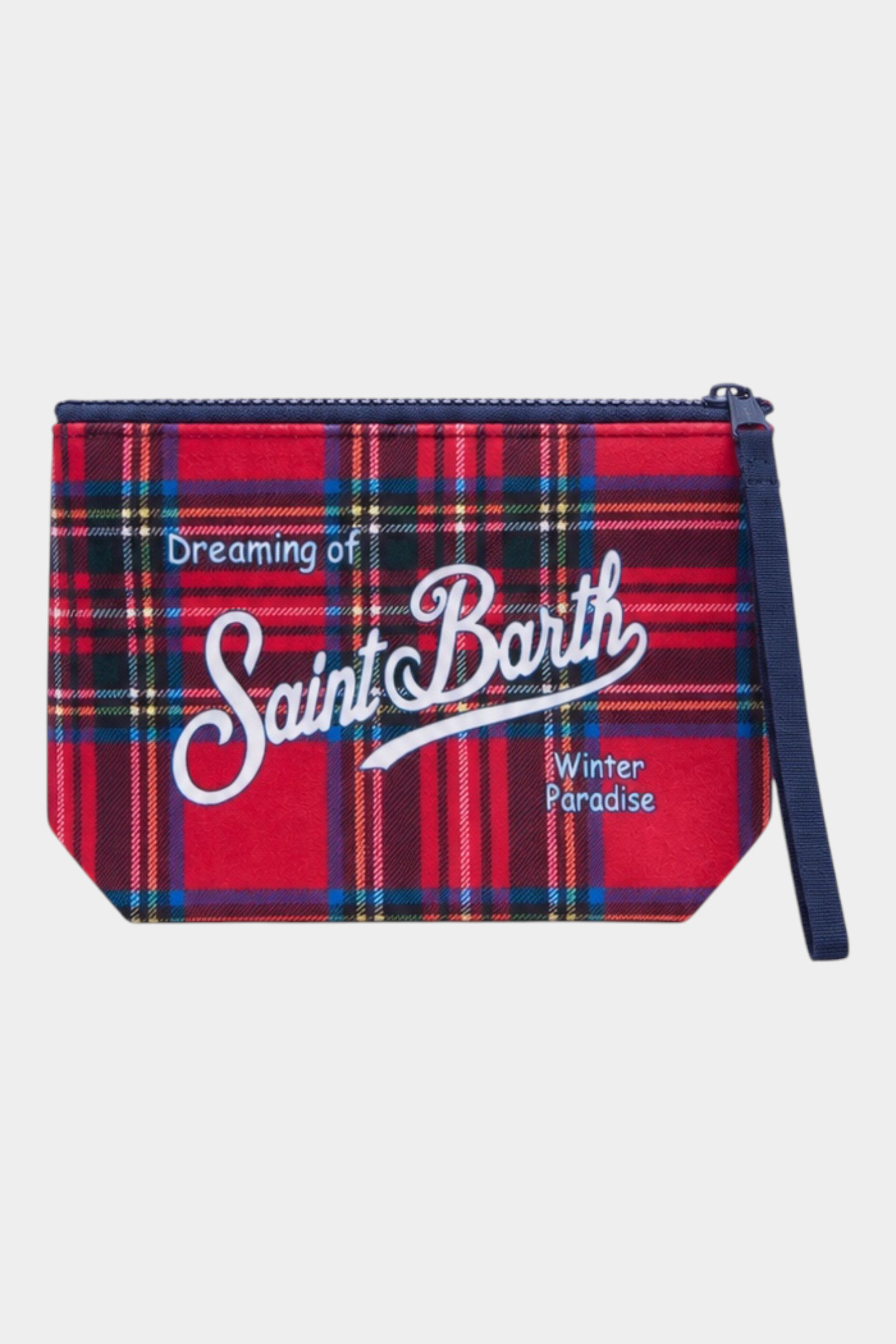 Pochette Follower SRL Aline rossa con stampa tartan e logo Saint Barth bianco, dotata di cinturino da polso blu.