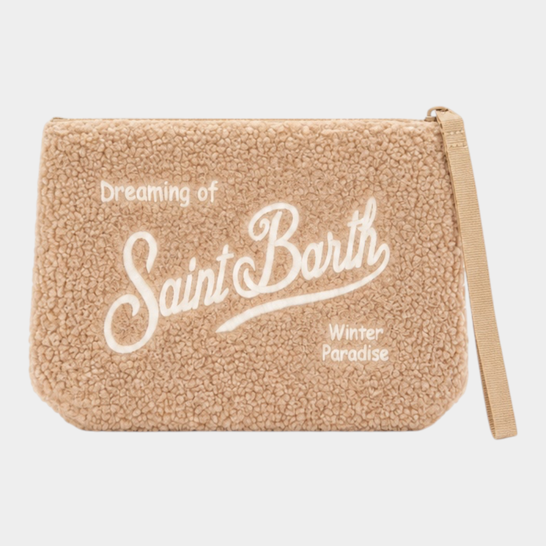 Pochette Follower SRL Aline in tessuto teddy color nocciola con ricamo logo bianco e cinturino da polso