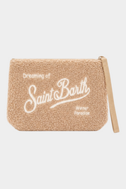 Pochette Follower SRL Aline in tessuto teddy color nocciola con ricamo logo bianco e cinturino da polso