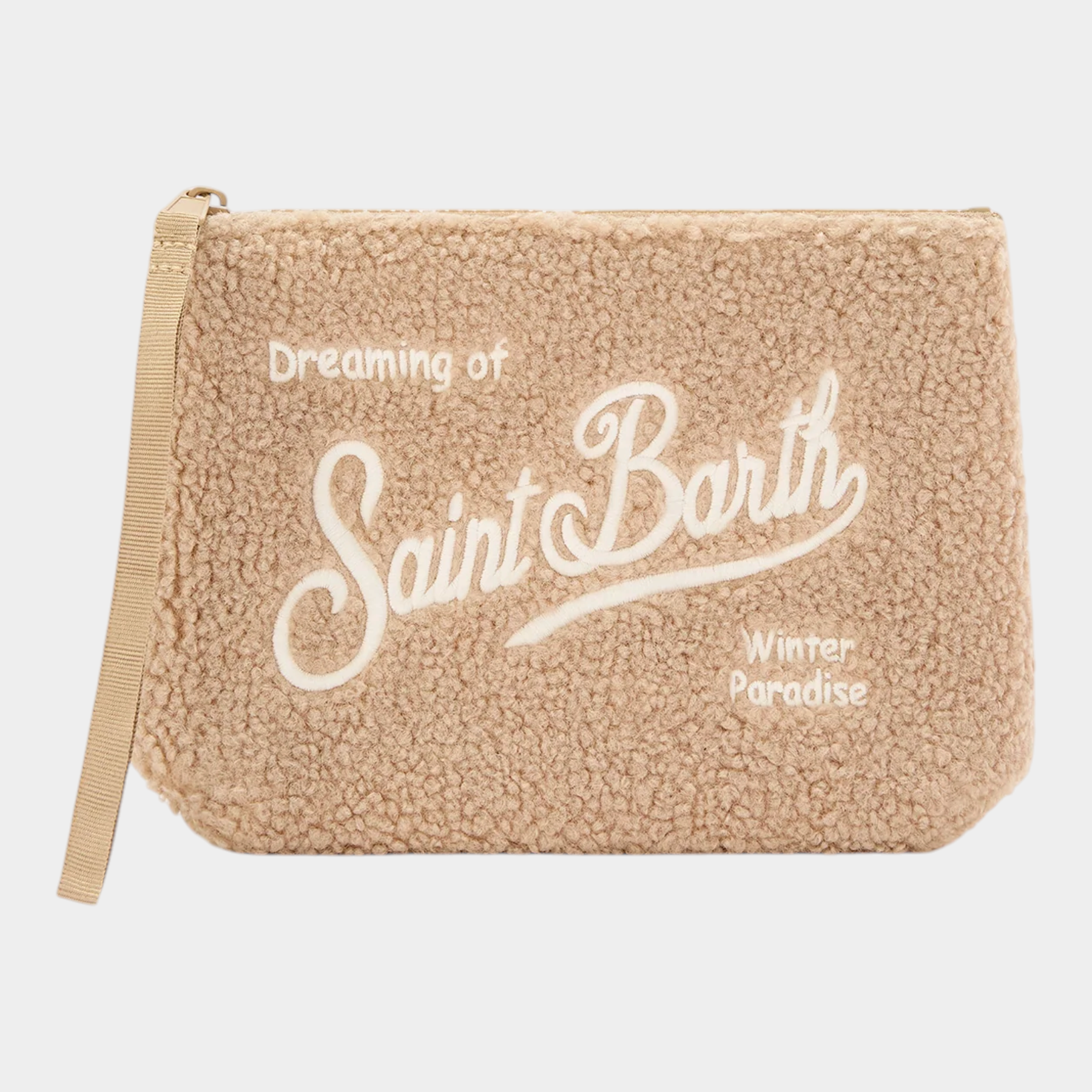 Pochette Follower SRL Aline in tessuto teddy color nocciola con ricamo logo bianco e cinturino da polso