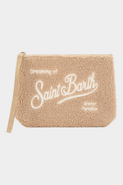 Pochette Follower SRL Aline in tessuto teddy color nocciola con ricamo logo bianco e cinturino da polso