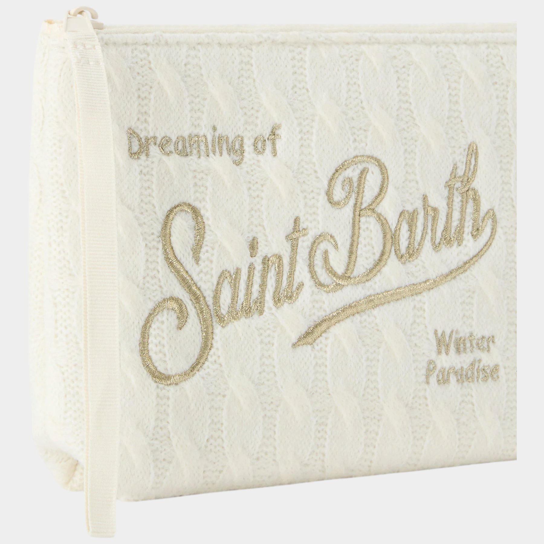 Pochette Follower SRL Aline in tricot avorio con ricamo dorato Dreaming of Saint Barth e chiusura a zip