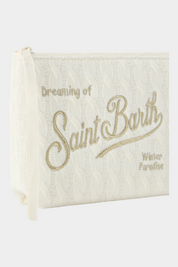 Pochette Follower SRL Aline in tricot avorio con ricamo dorato Dreaming of Saint Barth e chiusura a zip
