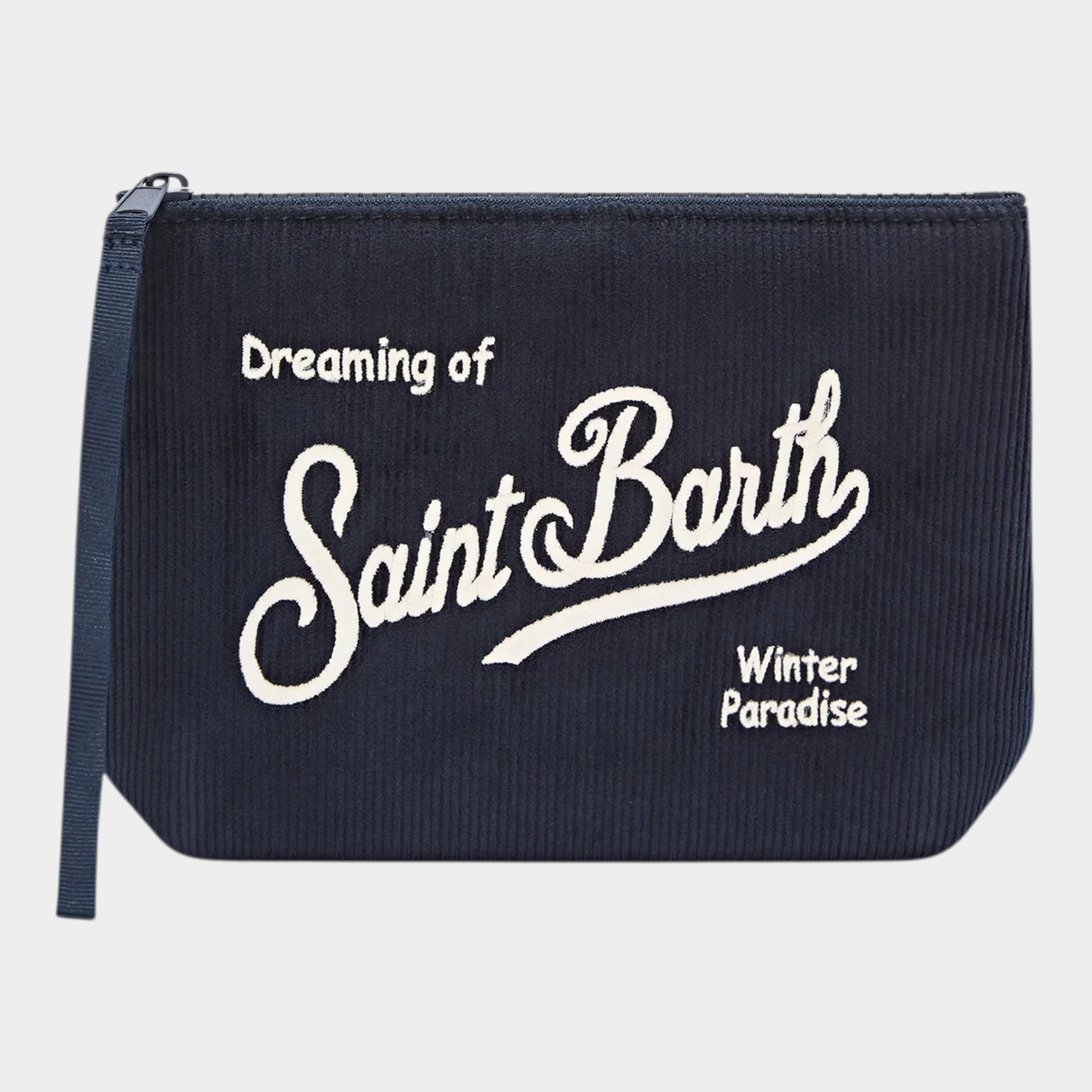 Pochette Follower SRL Aline in velluto a coste blu navy con ricamo bianco del logo Saint Barth e scritta frontale