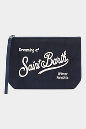 Pochette Follower SRL Aline in velluto a coste blu navy con ricamo bianco del logo Saint Barth e scritta frontale