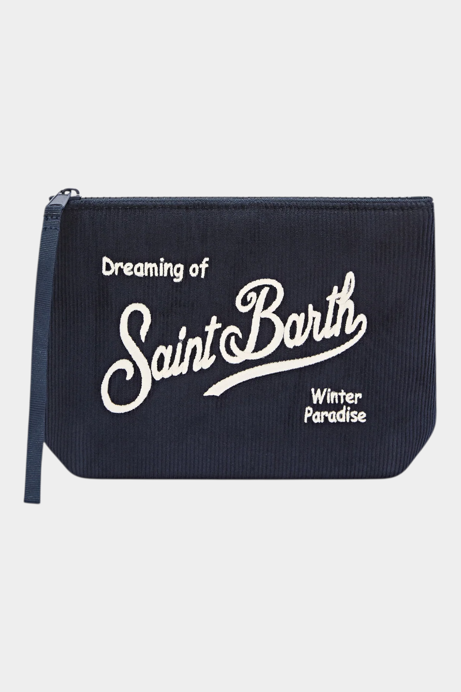 Pochette Follower SRL Aline in velluto a coste blu navy con ricamo bianco del logo Saint Barth e scritta frontale